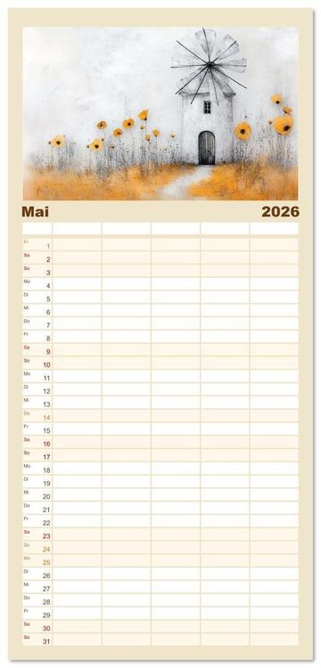 Produktbild: Familienplaner 2026 - Windgefl&uuml;ster-M&uuml;hlenimpressionen mit 5 Spalten (Wandkalender, 21 x 45 cm) CALVENDO