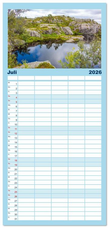 Produktbild: Familienplaner 2026 - Fjorde & Felsen &ndash; Norwegens wilde Seele mit 5 Spalten (Wandkalender, 21 x 45 cm) CALVENDO