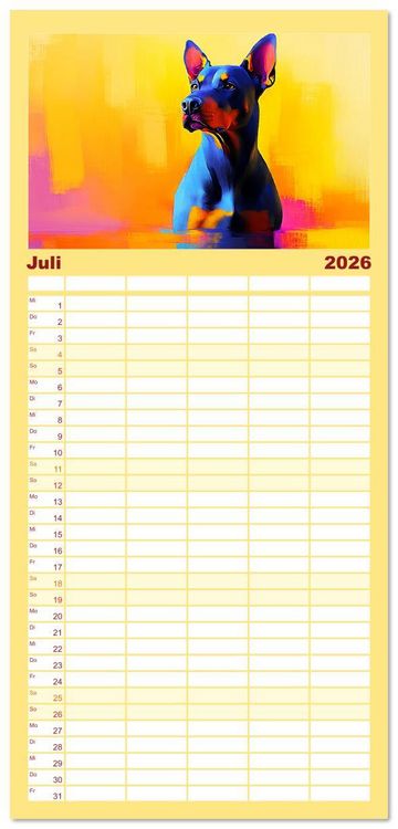 Produktbild: Familienplaner 2026 - Kraftvolle Partner. Hunde in k&uuml;nstlerischer &Ouml;loptik mit 5 Spalten (Wandkalender, 21 x 45 cm) CALVENDO