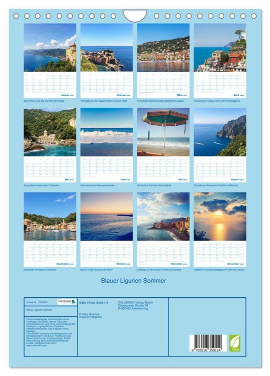 Produktbild: Blauer Ligurien Sommer (Wandkalender 2026 DIN A4 hoch), CALVENDO Monatskalender