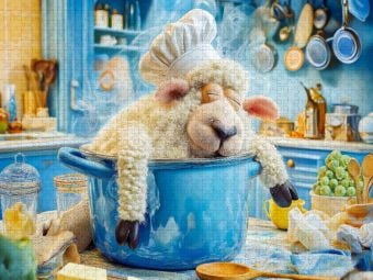 Produktbild: CALVENDO Puzzle Schaf mit Kochm&uuml;tze schl&auml;ft im Kochtopf | 2000 Teile Lege-Gr&ouml;&szlig;e 90x67cm Foto-Puzzle f&uuml;r gl&uuml;ckliche Stunden