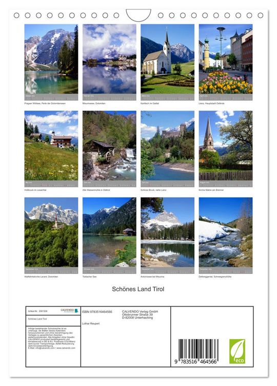Produktbild: Sch&ouml;nes Land Tirol (Wandkalender 2026 DIN A4 hoch), CALVENDO Monatskalender
