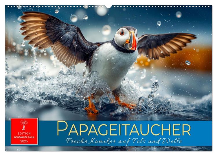 Produktbild: Papageitaucher - Freche Komiker auf Fels und Welle (Wandkalender 2026 DIN A2 quer), CALVENDO Monatskalender