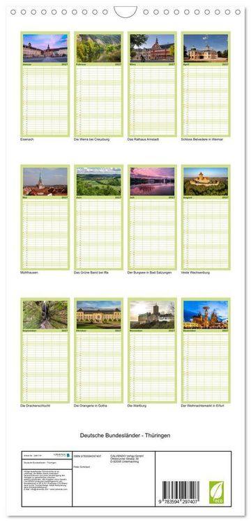 Produktbild: Familienplaner 2027 - Deutsche Bundesl&auml;nder - Th&uuml;ringen mit 5 Spalten (Wandkalender, 21 x 45 cm) CALVENDO