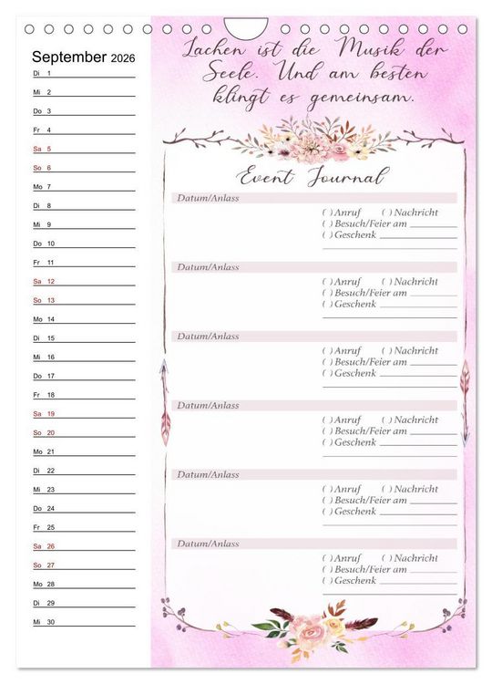 Produktbild: Geburtstagsplaner Boho Rosa - F&uuml;r Termine, Geschenke, Eventdetails & mehr (Wandkalender 2026 DIN A4 hoch), CALVENDO Monatskalender