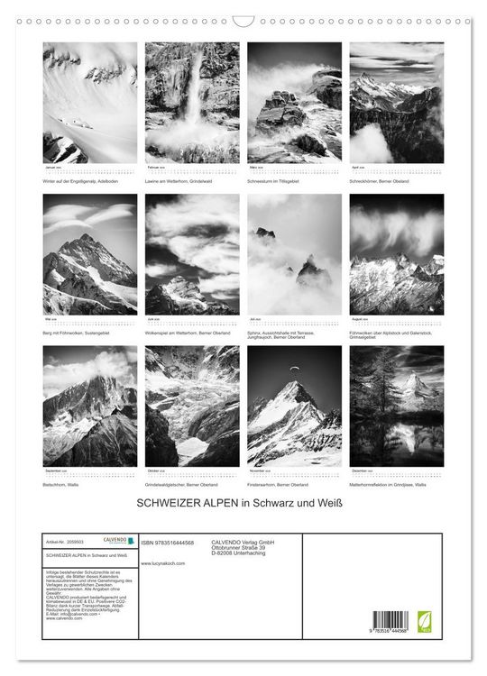 Produktbild: SCHWEIZER ALPEN in Schwarz und Wei&szlig; (Wandkalender 2026 DIN A2 hoch), CALVENDO Monatskalender