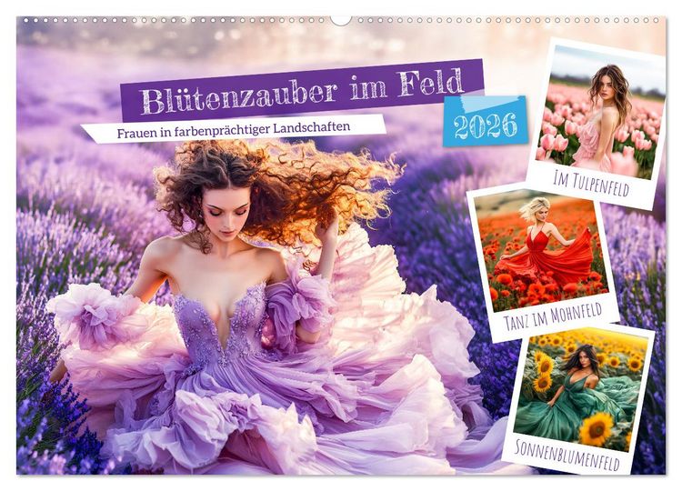 Produktbild: Bl&uuml;tenzauber im Feld - Frauen in farbenpr&auml;chtiger Landschaften (Wandkalender 2026 DIN A2 quer), CALVENDO Monatskalender