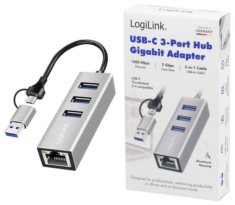 Produktbild: LogiLink UA0440 Netzwerkadapter/Hub 5 GBit/s USB-C&reg; (USB 3.2 Gen 1)