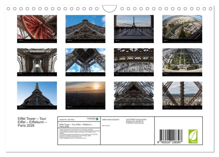Produktbild: Eiffel Tower &ndash; Tour Eiffel &ndash; Eiffelturm &ndash; Paris 2026 (Wandkalender 2026 DIN A4 quer), CALVENDO Monatskalender