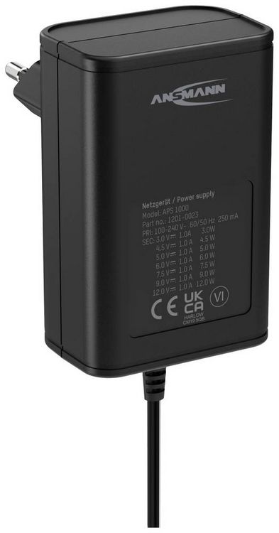 Produktbild: Ansmann 1201-0023 Steckernetzteil, einstellbar 12 V/DC, 9 V/DC, 7.5 V/DC, 6 V, 4.5 V/DC, 3 V 1000 mA 12 W
