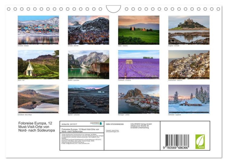 Produktbild: Fotoreise Europa, 12 Must-Visit-Orte von Nord- nach S&uuml;deuropa (Wandkalender 2027 DIN A4 quer), CALVENDO Monatskalender