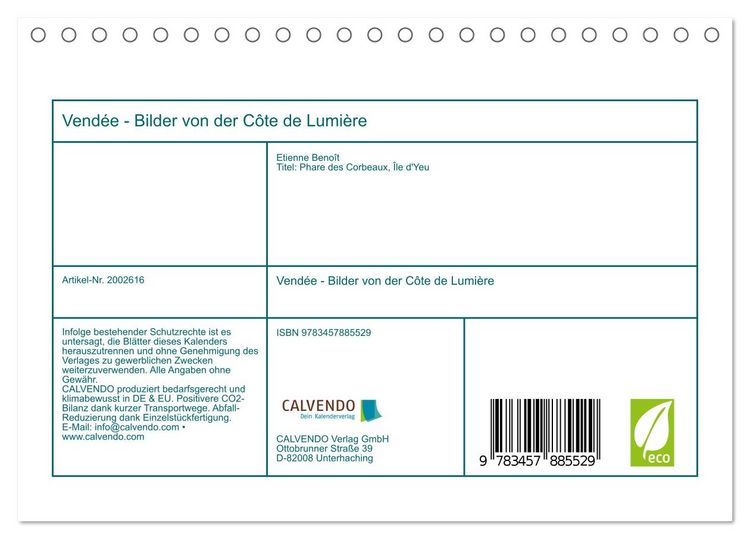 Produktbild: Vend&eacute;e - Bilder von der C&ocirc;te de Lumi&egrave;re (Tischkalender 2026 DIN A5 quer), CALVENDO Monatskalender