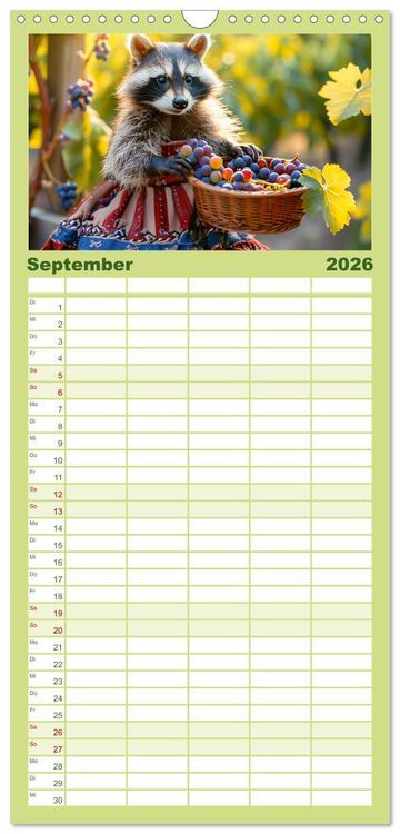 Produktbild: Familienplaner 2026 - Niedlicher Waschb&auml;ren-Style. Modisch, elegant und blumig mit 5 Spalten (Wandkalender, 21 x 45 cm) CALVENDO