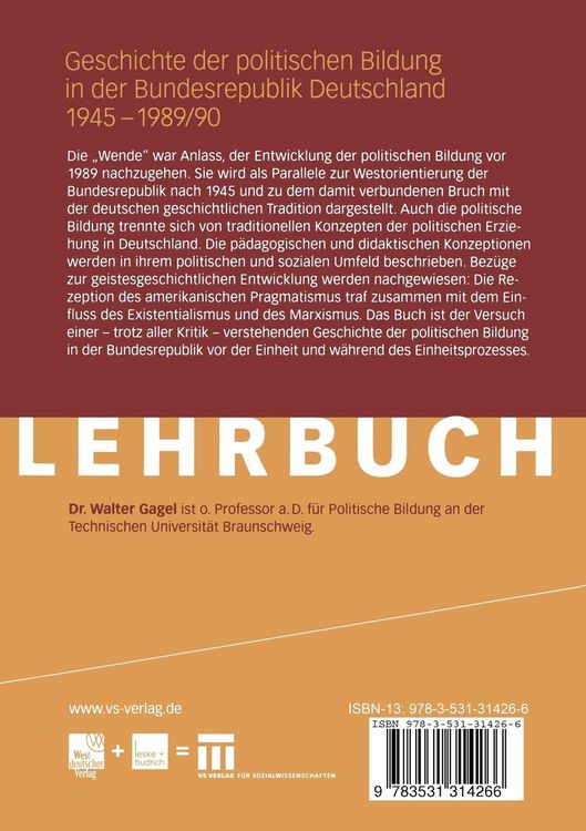 Produktbild: Geschichte der politischen Bildung in der Bundesrepublik Deutschland 1945 &ndash; 1989/90