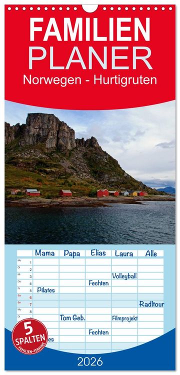 Produktbild: Familienplaner 2026 - Norwegen - Hurtigruten mit 5 Spalten (Wandkalender, 21 x 45 cm) CALVENDO