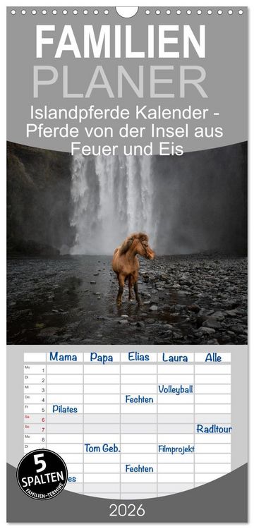 Produktbild: Familienplaner 2026 - Islandpferde Kalender - Pferde von der Insel aus Feuer und Eis mit 5 Spalten (Wandkalender, 21 x 45 cm) CALVENDO