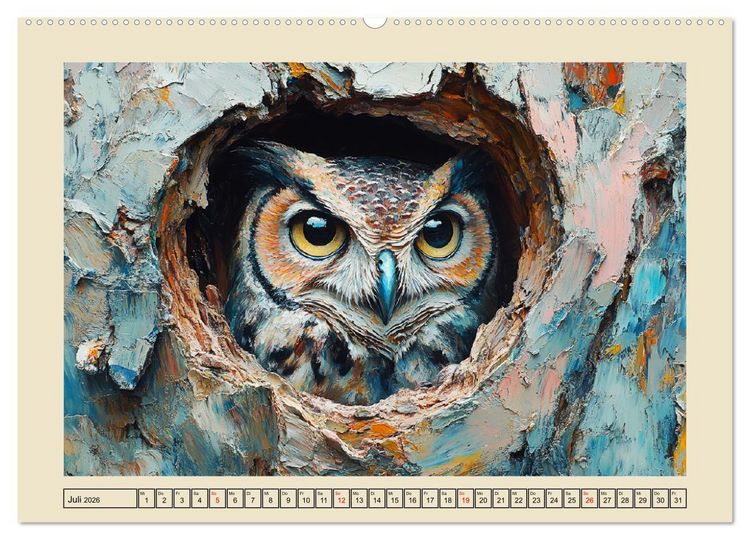 Produktbild: Bunte Eulenpoesie. Kunstvolle V&ouml;gel in &Ouml;lgem&auml;lde-Optik (hochwertiger Premium Wandkalender 2026 DIN A2 quer), Kunstdruck in Hochglanz