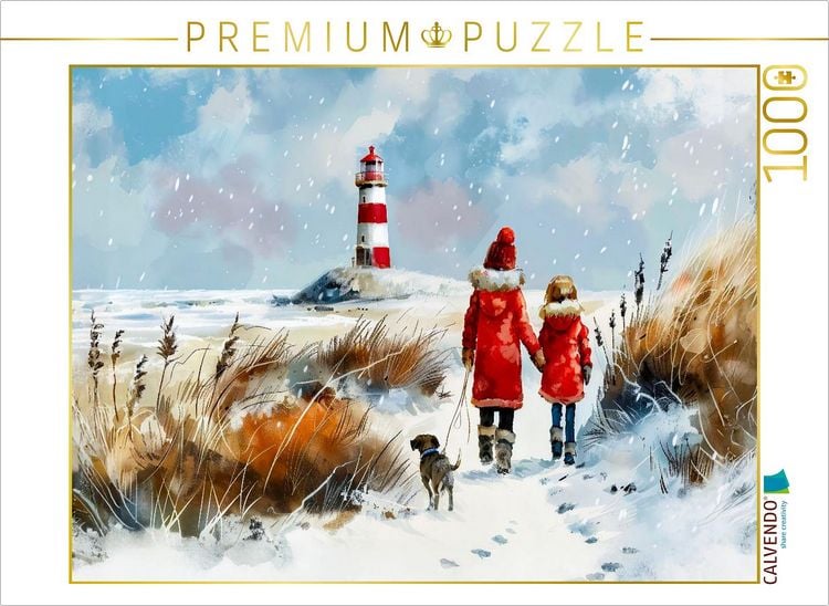 Produktbild: CALVENDO Puzzle Winterspaziergang mit Hund am Meer Aquarellbild | 1000 Teile Lege-Gr&ouml;&szlig;e 64x48cm Foto-Puzzle f&uuml;r gl&uuml;ckliche Stunden