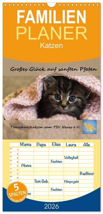 Produktbild: Familienplaner 2026 - Tierschutzkatzen vom TSV-Neuss - Gro&szlig;es Gl&uuml;ck auf sanften Pfoten mit 5 Spalten (Wandkalender, 21 x 45 cm) CALVENDO