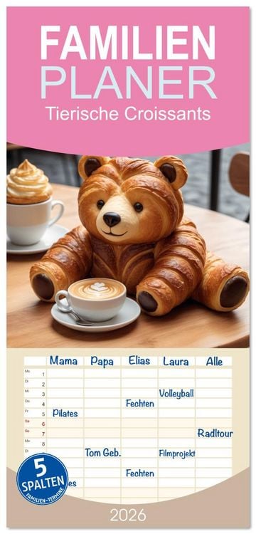 Produktbild: Familienplaner 2026 - Tierische Croissants mit 5 Spalten (Wandkalender, 21 x 45 cm) CALVENDO