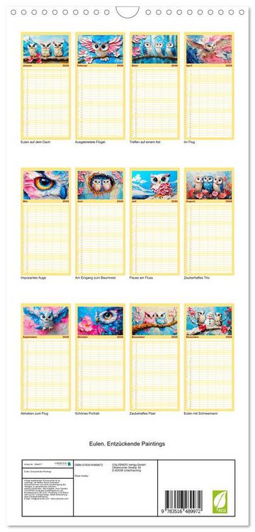 Produktbild: Familienplaner 2026 - Eulen. Entz&uuml;ckende Paintings mit 5 Spalten (Wandkalender, 21 x 45 cm) CALVENDO