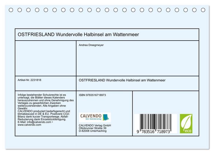 Produktbild: OSTFRIESLAND Wundervolle Halbinsel am Wattenmeer (Tischkalender 2026 DIN A5 quer), CALVENDO Monatskalender