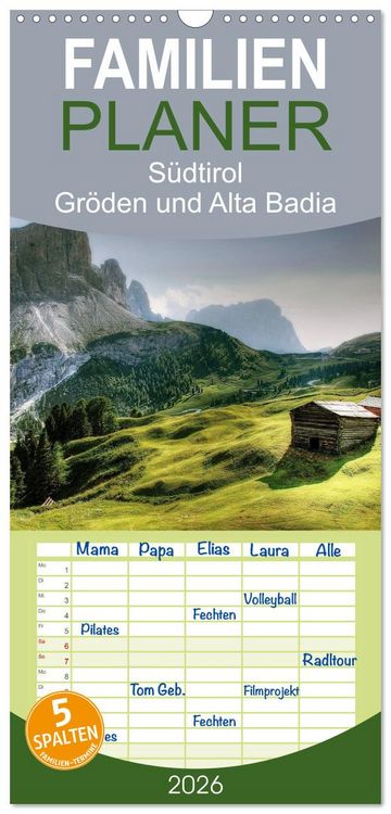 Produktbild: Familienplaner 2026 - S&uuml;dtirol - Gr&ouml;den und Alta Badia mit 5 Spalten (Wandkalender, 21 x 45 cm) CALVENDO
