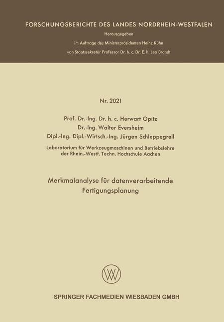 Produktbild: Merkmalanalyse f&uuml;r datenverarbeitende Fertigungsplanung