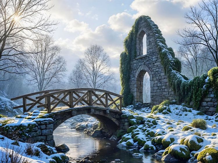 Produktbild: CALVENDO Puzzle Br&uuml;cke ins Vergessene - Nebel &uuml;ber der alten Ruine | 1000 Teile Lege-Gr&ouml;&szlig;e 64x48cm Foto-Puzzle f&uuml;r gl&uuml;ckliche Stunden