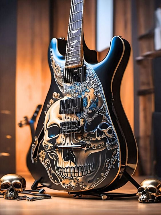Produktbild: CALVENDO Puzzle Gitarre mit Totenk&ouml;pfen | 1000 Teile Lege-Gr&ouml;&szlig;e 64x48cm Foto-Puzzle f&uuml;r gl&uuml;ckliche Stunden