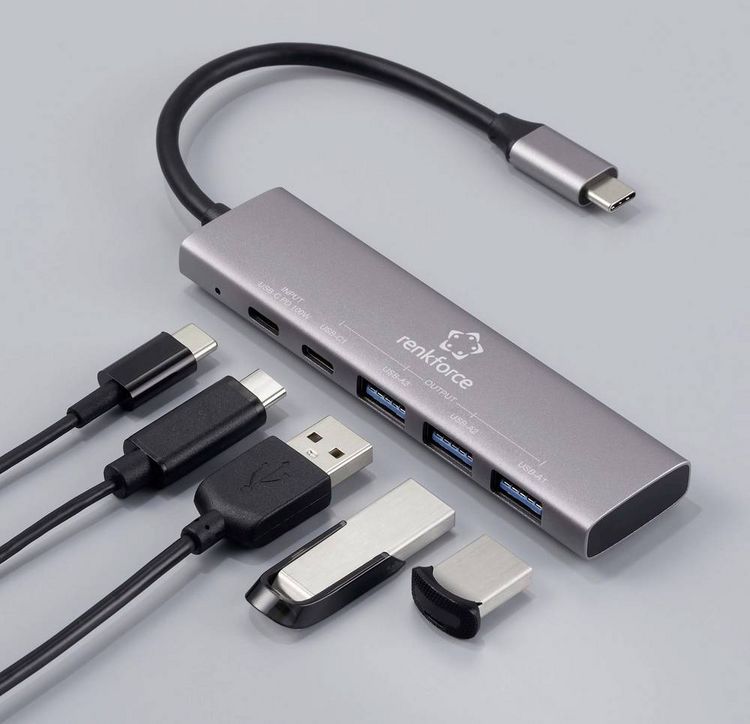 Produktbild: Renkforce RF-6439798 USB-Hub 5 Port USB-A USB 3.2 Gen1 5 GBit/s USB-C&reg; PD Ladeanschluss Grau RF-USBH-280