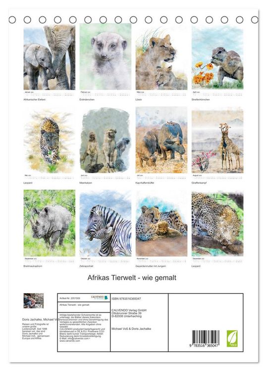 Produktbild: Afrikas Tierwelt - wie gemalt (Tischkalender 2026 DIN A5 hoch), CALVENDO Monatskalender
