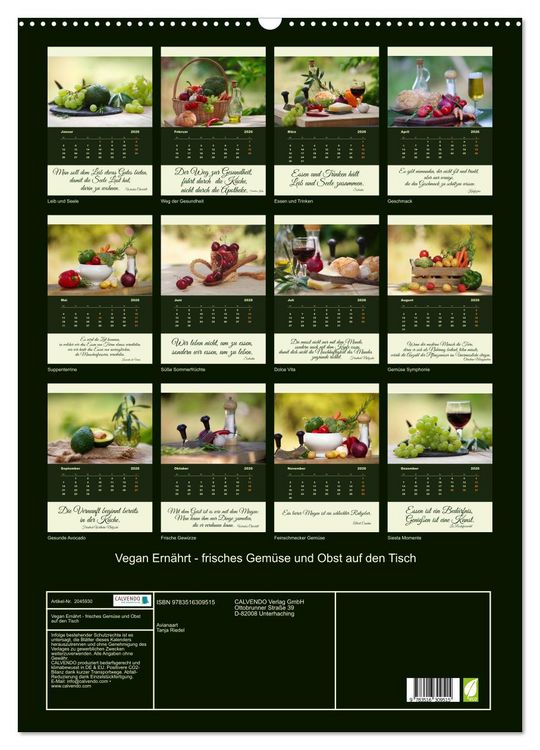 Produktbild: Vegan Ern&auml;hrt - frisches Gem&uuml;se und Obst auf den Tisch (Wandkalender 2026 DIN A2 hoch), CALVENDO Monatskalender