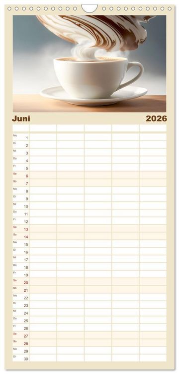 Produktbild: Familienplaner 2026 - Kaffe mal anders geniessen mit 5 Spalten (Wandkalender, 21 x 45 cm) CALVENDO