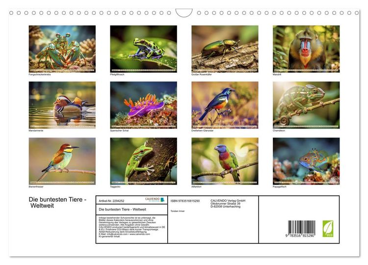 Produktbild: Die buntesten Tiere - Weltweit (Wandkalender 2027 DIN A3 quer), CALVENDO Monatskalender