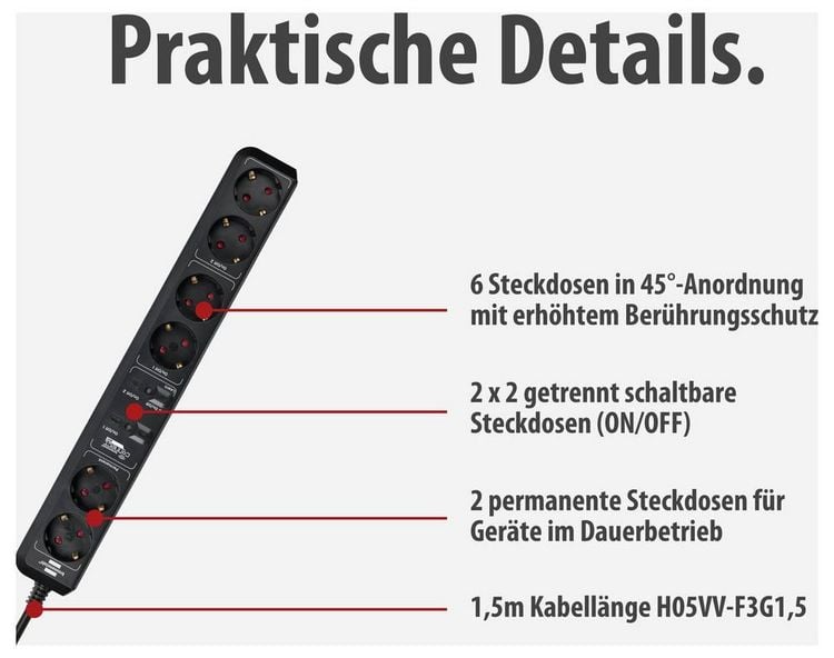 Produktbild: Brennenstuhl 1159760946 Steckdosenleiste Schwarz Schutzkontakt 1St.