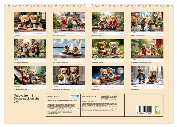 Produktbild: Teddyb&auml;ren - im Doppelpack durchs Jahr (Wandkalender 2027 DIN A3 quer), CALVENDO Monatskalender