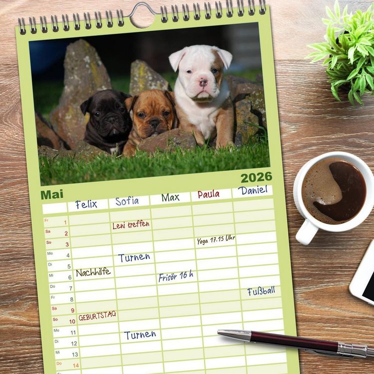Produktbild: Familienplaner 2026 - Bulldoggen-Kinder mit 5 Spalten (Wandkalender, 21 x 45 cm) CALVENDO