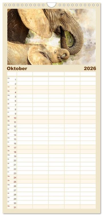 Produktbild: Familienplaner 2026 - Elefanten - k&uuml;nstlerische Impressionen der gr&ouml;&szlig;ten noch lebenden Landtiere mit 5 Spalten (Wandkalender, 21 x 45 cm) CALVENDO