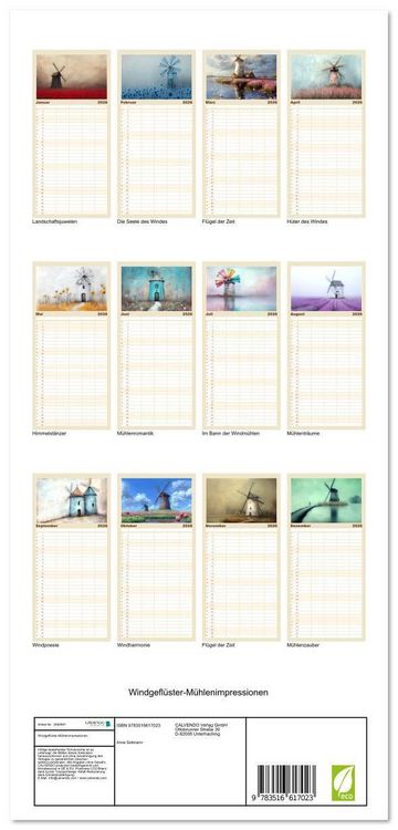 Produktbild: Familienplaner 2026 - Windgefl&uuml;ster-M&uuml;hlenimpressionen mit 5 Spalten (Wandkalender, 21 x 45 cm) CALVENDO