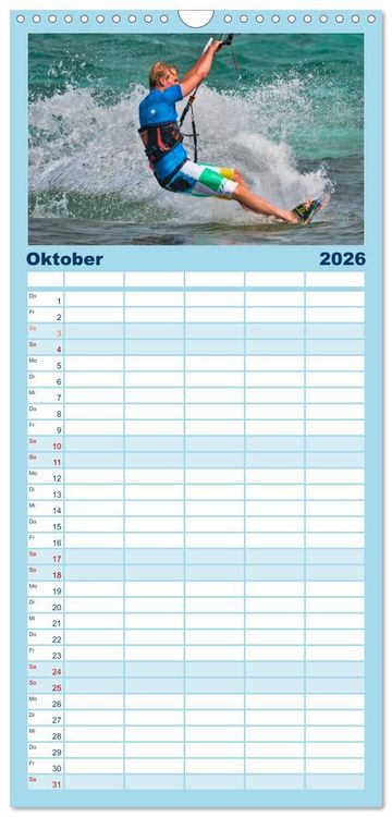 Produktbild: Familienplaner 2026 - Kitesurfen - &uuml;ber den Wellen mit 5 Spalten (Wandkalender, 21 x 45 cm) CALVENDO