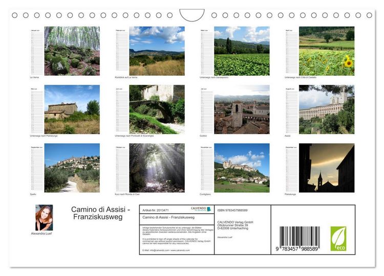 Produktbild: Camino di Assisi - Franziskusweg (Wandkalender 2026 DIN A4 quer), CALVENDO Monatskalender