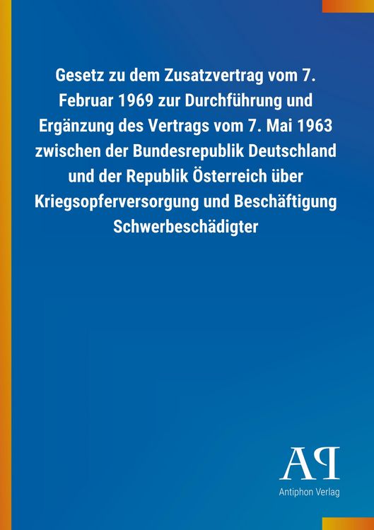 Produktbild: Gesetz zu dem Zusatzvertrag vom 7. Februar 1969 zur Durchf&uuml;h