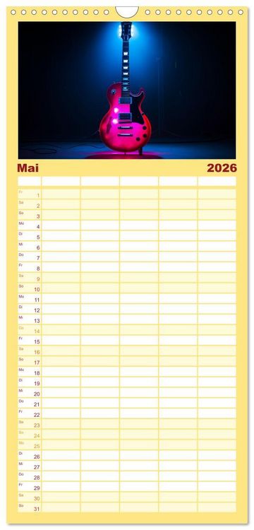 Produktbild: Familienplaner 2026 - Sechs Saiten, Zw&ouml;lf Monate - Der Gitarrenkalender mit 5 Spalten (Wandkalender, 21 x 45 cm) CALVENDO