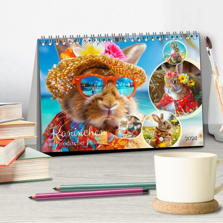 Produktbild: Kaninchen auf modischer Mission (Tischkalender 2026 DIN A5 quer), CALVENDO Monatskalender
