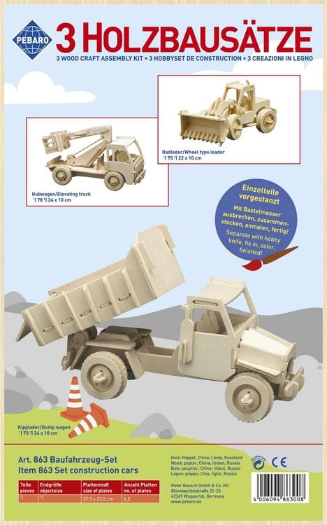 Produktbild: PEBARO 863 - Holzbausatz Baufahrzeug-Set, Radlader, Hubwagen, Kipplader, Holz, 3 Holzkonstruktionen zum Zusammenstecken