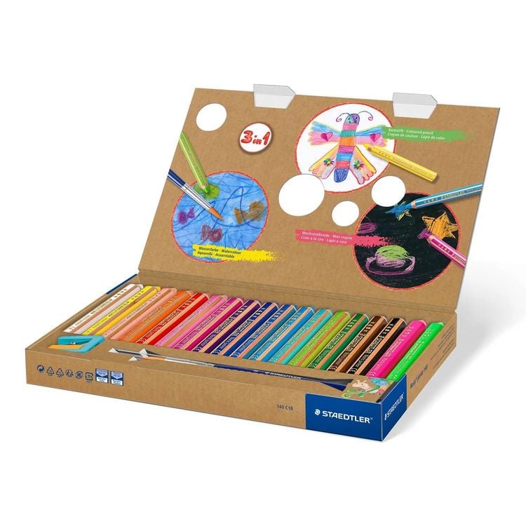 Produktbild: STAEDTLER Noris junior 140 Kindermalstift 3 in 1, Kartonetui mit 18 Malstiften in sortierten Farben, 1 Spitzer und 1 Pinsel, 140 C18