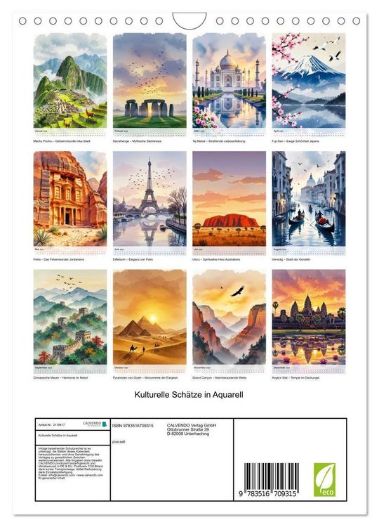 Produktbild: Kulturelle Sch&auml;tze in Aquarell (Wandkalender 2026 DIN A4 hoch), CALVENDO Monatskalender