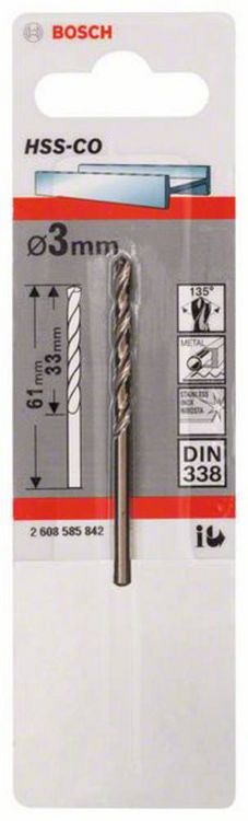 Produktbild: Bosch Accessories 2608585842 HSS Metall-Spiralbohrer 3 mm Gesamtl&auml;nge 61 mm Cobalt DIN 338 Zylinderschaft 1 St.