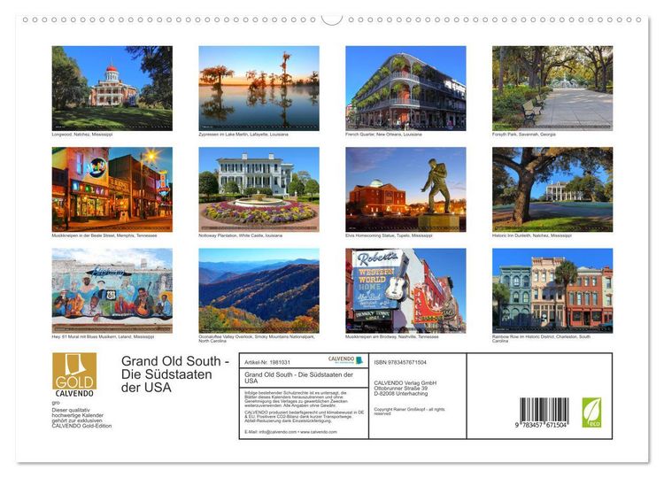 Produktbild: Grand Old South - Die S&uuml;dstaaten der USA (hochwertiger Premium Wandkalender 2026 DIN A2 quer), Kunstdruck in Hochglanz
